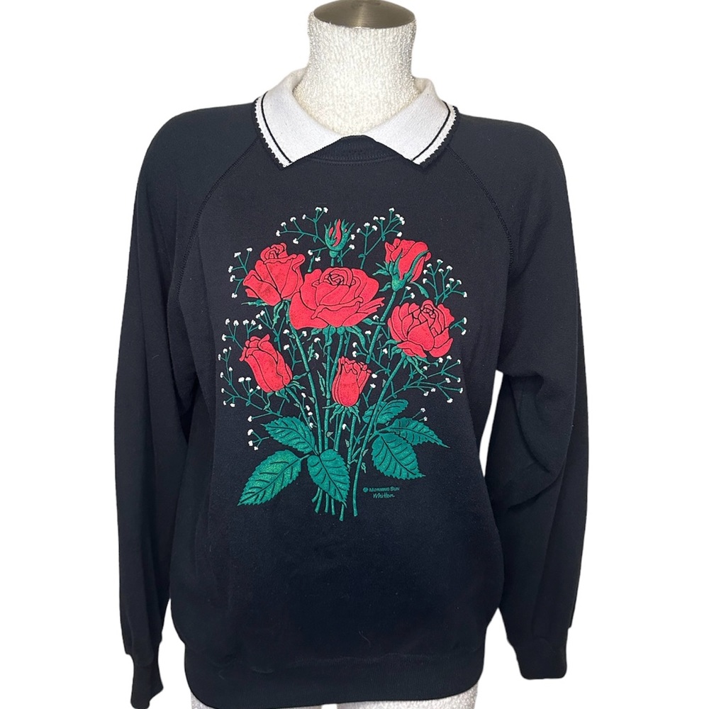 Vintage Collared Black Sweatshirt Pullover with Red Rose Graphic Art